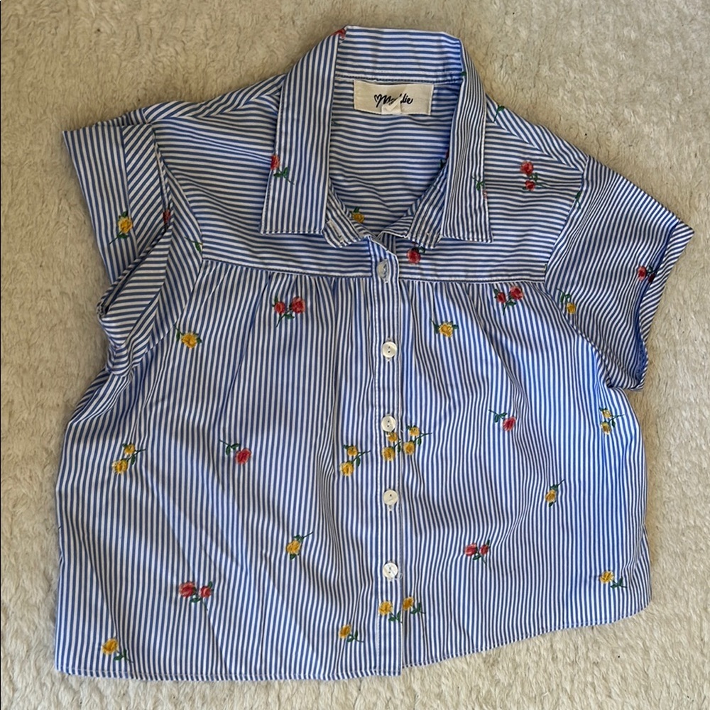 Blue and Red Butterfly Blouse with Classic Collar